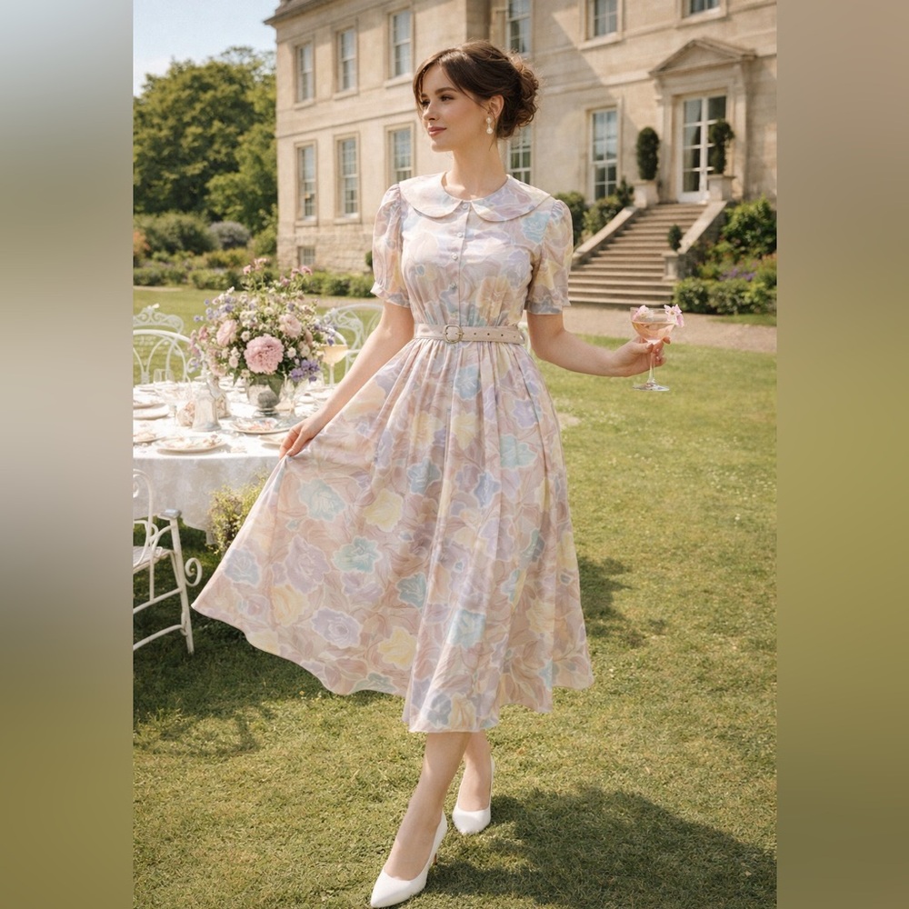 Vintage 80s Scarlett Floral Midi Dress  Pastel · Romantic Cottagecore Spring